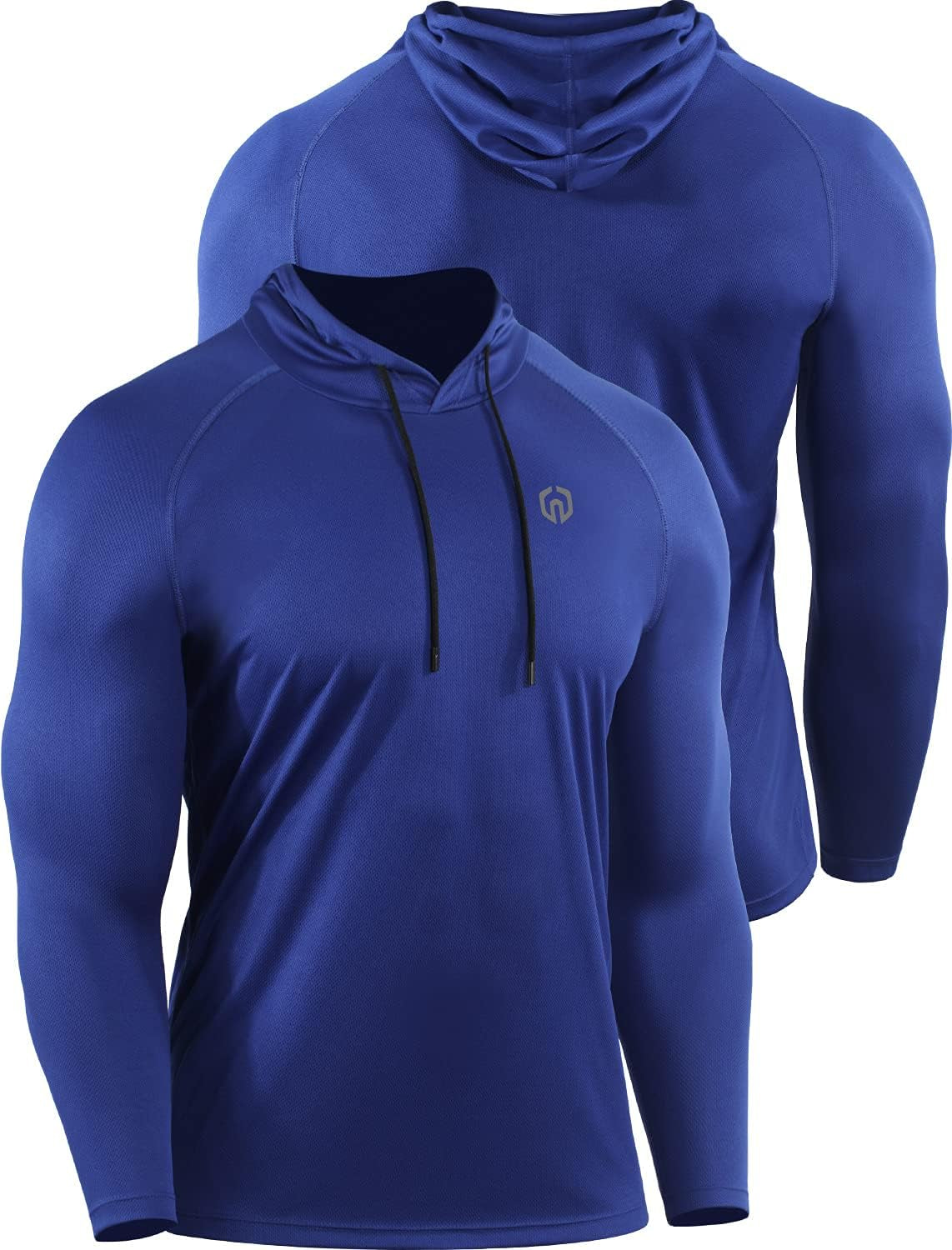 Men's Long Sleeve Mesh Running Shirts with Hoods - 3 Pack Athletic Apparel in Black, Red, and Blue, Size L