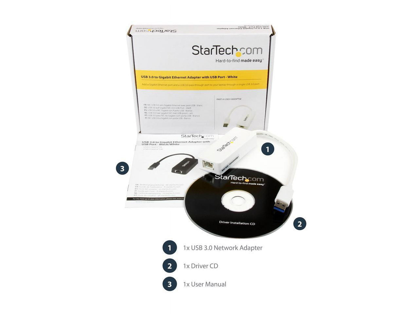 Startech USB31000SPTW USB 3.0 to Gigabit Ethernet Adapter NIC W/ USB Port - White
