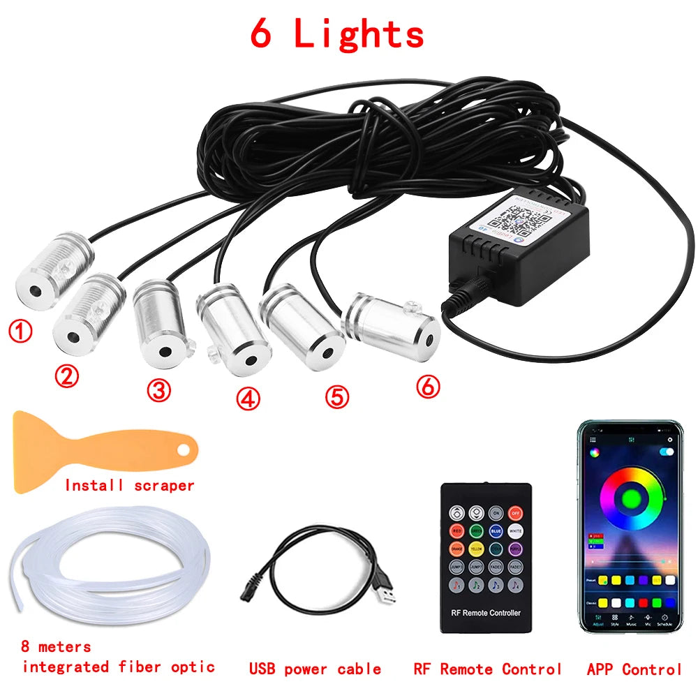 LED Car Interior Ambient Strip Lights RGB Fiber Optic Atmosphere Neon Lighting Kit W/ APP Remote Control Auto Decorative Lamps