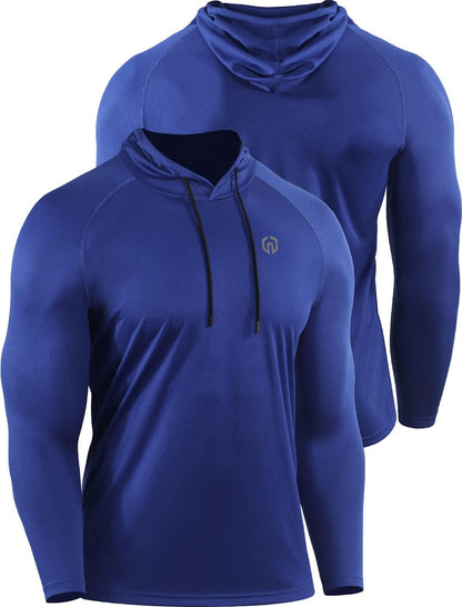 Men's Long Sleeve Mesh Running Shirts with Hoods - 3 Pack Athletic Apparel in Black, Red, and Blue, Size L