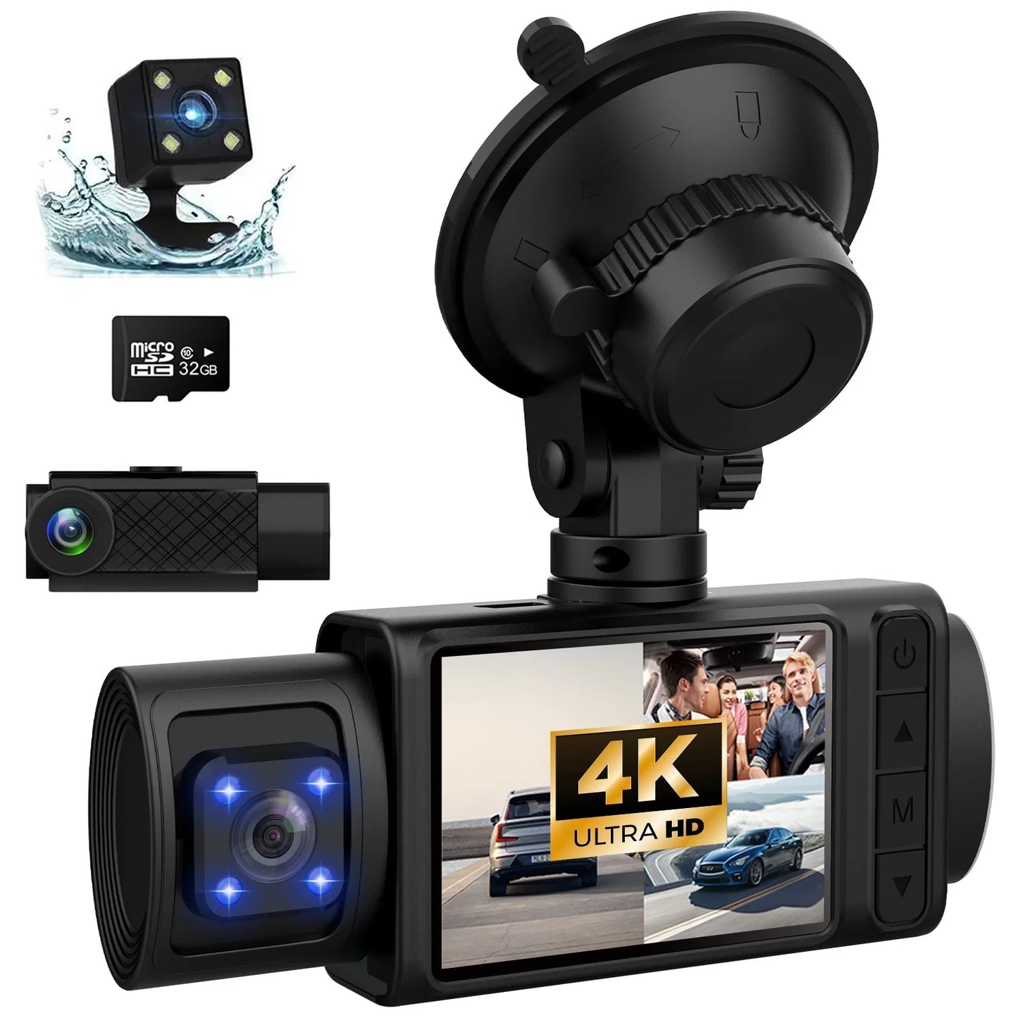 Dash Cam,3 Channel Dash Cam,4K+1080P Dash Cam Front and Inside,Triple Dash Cam for Car,Dash Camera with 32GB Card, 2160P Full Uhd,G-Sensor,170°Deg Wide Angle Dashboard with Infrared Night Vision