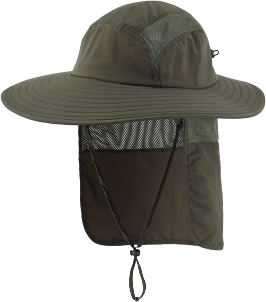 Men's UPF 50+ Wide Brim Fishing Hat with Neck Flap for Superior Sun Protection