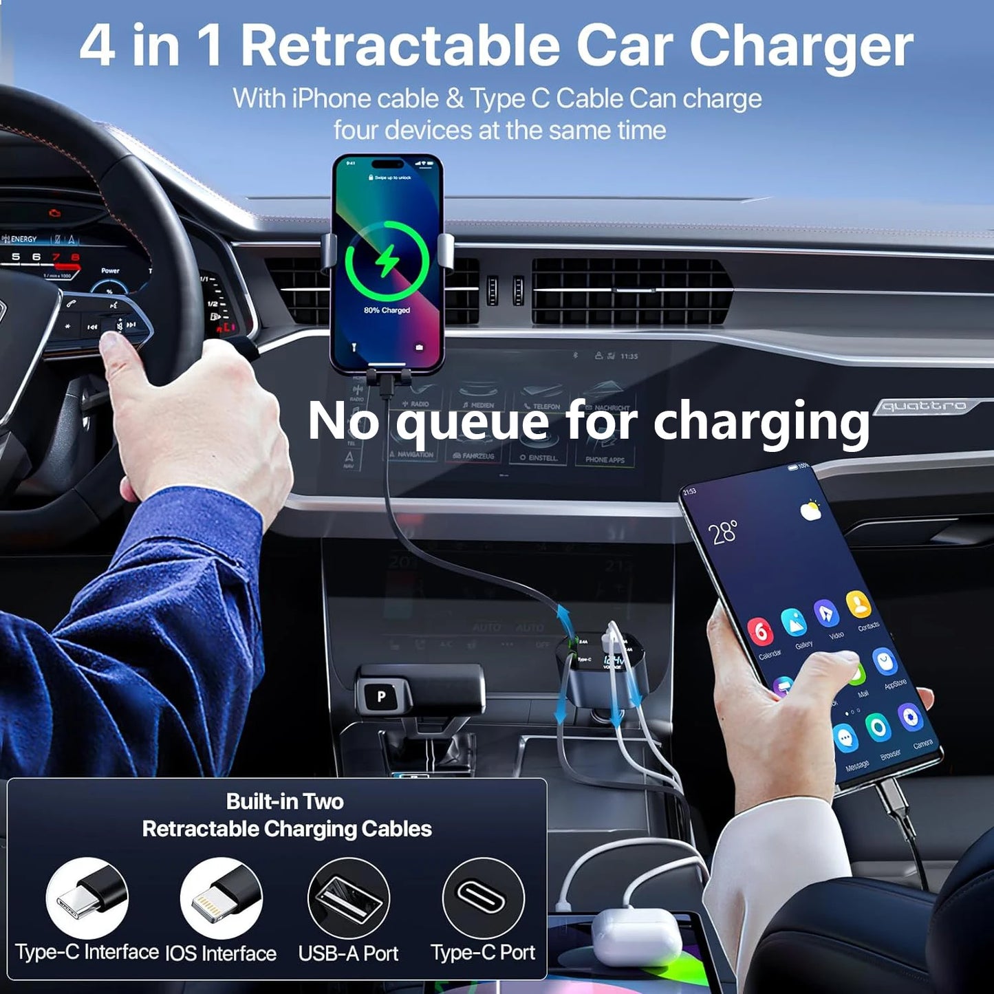 Retractable Car Charger 120W Fast Charger, 4-In-1 Fast Charging Car Phone Charger