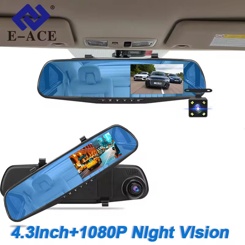 Dash Cam 4.3 Inches Car DVR Rearview Mirror Driving Recorder Dual Lens Front and Rear Camera Video Recorder Black Box