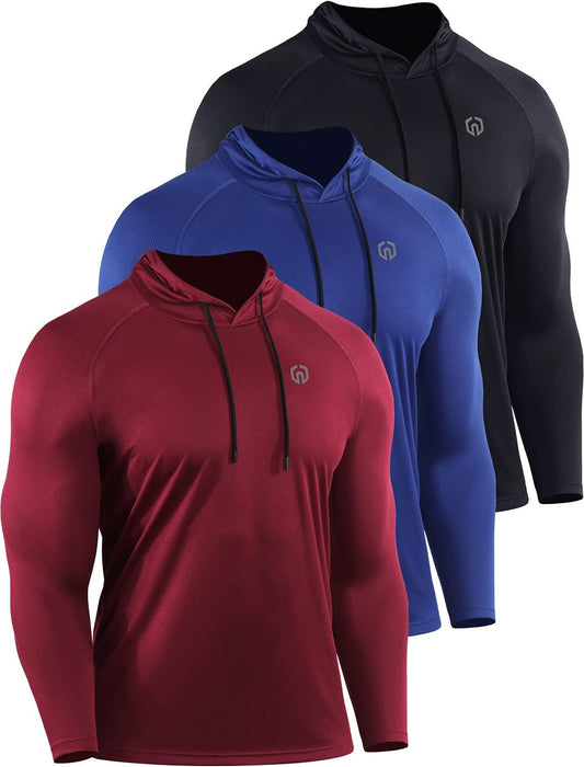 Men's Long Sleeve Mesh Running Shirts with Hoods - 3 Pack Athletic Apparel in Black, Red, and Blue, Size L